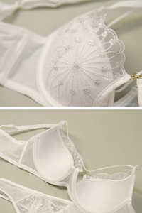 Detailed macro view of white floral embroidery and gold hardware on a lace bra