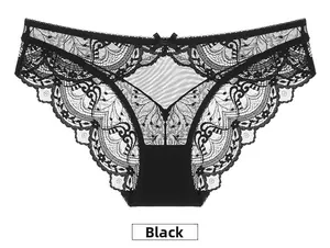 Detail view of black floral lace underwear with breathable mesh and delicate bow accent