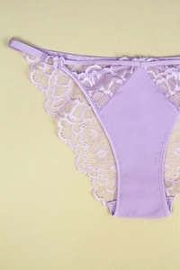 Detail of lavender eyelash lace and satin patchwork on low-waist sexy panties