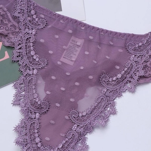 Detail of purple lace thong showing sheer dot mesh fabric and fine floral lace embroidery