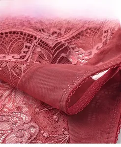 Detailed macro view of wine red floral lace and breathable mesh fabric with stretch