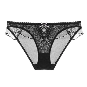 Bragas sexys de encaje negro para mujer con malla transparente y lazo plateado
