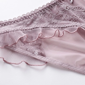 Elegant mauve floral lace and mesh low-waist panties with delicate ruffled edges