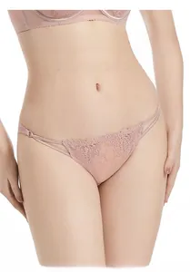 Detail of pink lace underwear with delicate floral embroidery and thin side straps