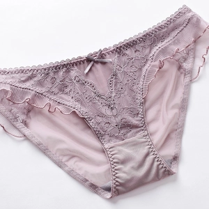 French style sexy lace mesh panties for women with low waist and floral bow detail