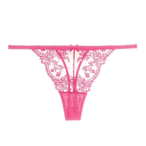 Detailed view of pink floral lace G-string with delicate bow and sheer texture