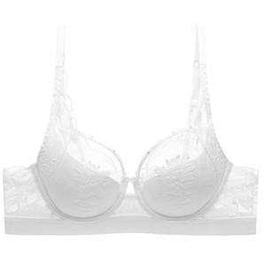 White lace bra with floral embroidery, full cup support, and adjustable straps