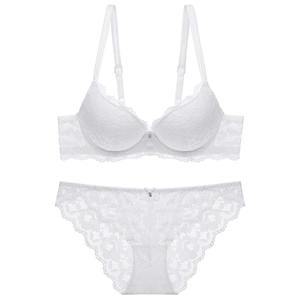 Close-up of white floral lace lingerie set with underwire bra and matching panties
