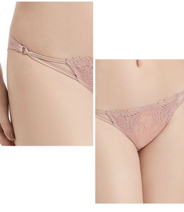 Macro detail of dusky rose lace embroidery and adjustable satin straps on panties