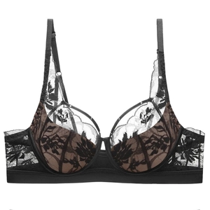 Lace bra in black floral embroidery with nude cups and supportive underwire