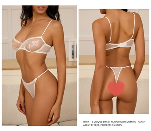 Front and back view of a white floral lace lingerie set with sheer mesh and thin straps