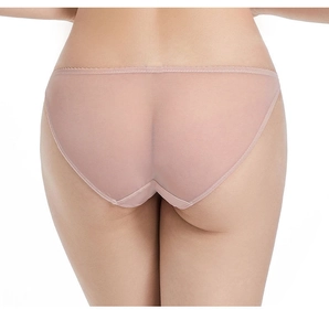 Detail view of skin-tone sheer mesh panties with breathable lace and seamless back coverage