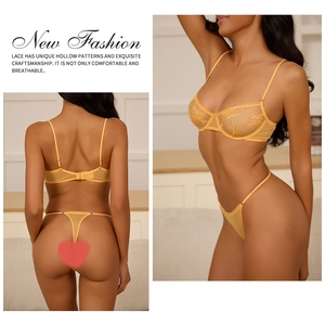 Detailed side and back view of yellow lace lingerie set with sheer embroidery details