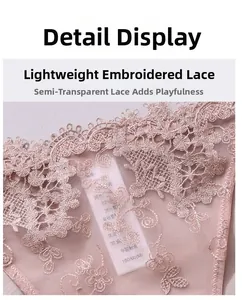 Detailed macro view of light pink embroidered lace with semi-transparent floral patterns
