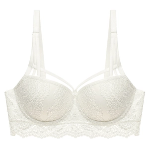 Close-up of white floral lace bra featuring cross-strap design and adjustable shoulder straps
