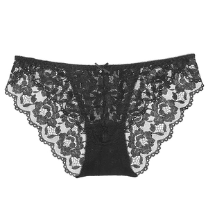Sexy black floral lace panties for women with low waist cut and delicate bow detail