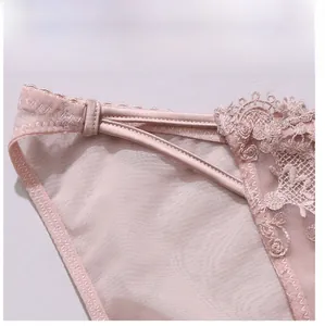 Detailed macro view of the elastic hollow side strap and delicate lace on pink briefs