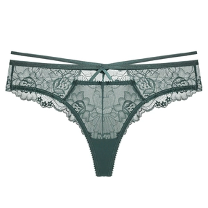 Forest green floral lace thong with dual waist straps and a delicate bow detail