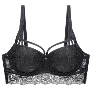 Macro detail of black floral lace bra featuring multi-strap accents and wide underband