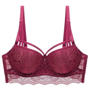 Macro shot of dark red lace bra featuring floral embroidery and adjustable straps