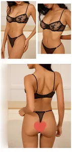 Detailed views of black lace lingerie set with metal ring accents and sheer mesh fabric