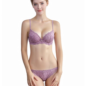 French style purple lace lingerie set with push-up bra and matching floral panties