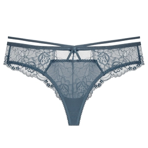 Blue-gray low-waist lace thong with floral patterns and delicate strappy side details