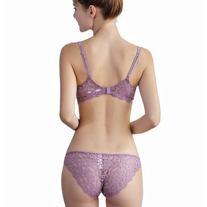 Lace lingerie set for women in lilac purple with push-up bra and sheer floral knickers