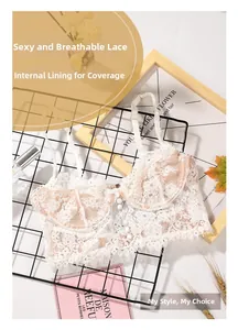 Detailed close-up of white lace bra with scalloped edges and decorative buttons