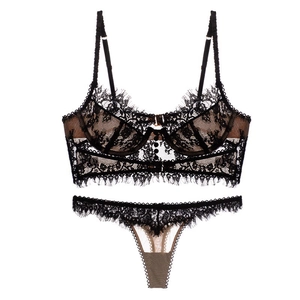 Sexy black eyelash lace lingerie set with underwire bra and matching thong underwear