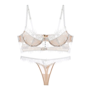Detailed view of white eyelash lace embroidery on high-quality lingerie set for women