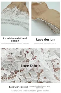 Detailed view of white floral lace and beige mesh fabric with exquisite cut waistband