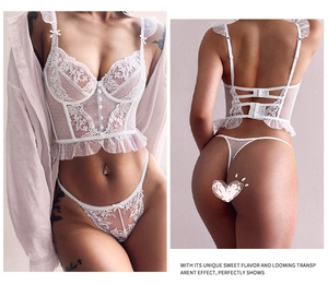 Detail van witte kanten lingerieset met bloemenborduursel en mesh stipjes