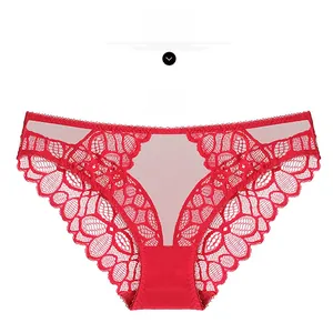 Dettaglio di slip in pizzo rosso sexy con ricamo floreale e fodera del cavallo in cotone
