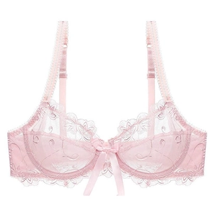 Zartrosa Spitzen-BH mit Blumenstickerei, transparentem Netzstoff und Schleifendetail