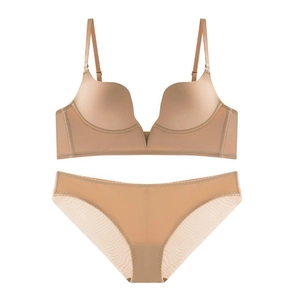 Seamless deep V push-up lingerie set in nude skin tone with mesh detail on panties