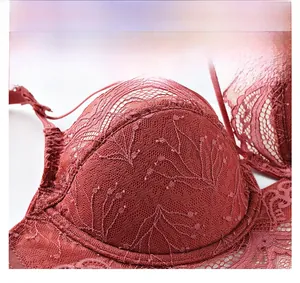 Detail of wine red floral lace bra showing intricate embroidery and scalloped edges