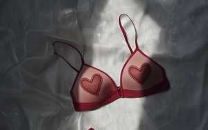 Detalle del bordado de encaje de corazón rojo y cierre frontal en el sujetador