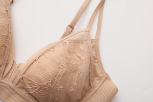 Détail du soutien-gorge en dentelle beige avec broderie florale et texture en maille fine