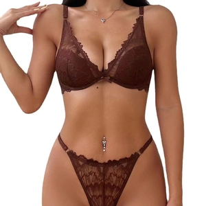 Brown lace lingerie set featuring deep V-neck bra and matching thong for women