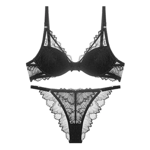 Elegant black lace lingerie set with sheer eyelash lace bra and matching thong