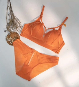 Flachbild von sexy orangem Spitzen-Dessous-Set mit Kreuzriemen-BH und passendem Slip