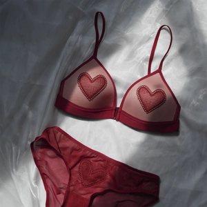 Set di Lingerie da Donna Sexy in Pizzo Francese Ricamo a Cuore Coppa a Triangolo Reggiseno Senza Ferretto e Set di Mutandine
