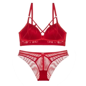 Sexy red lace lingerie set with cross straps and non-wired mesh bra for women