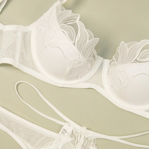 French style white lace embroidery lingerie set with mesh floral patterns and wired bra