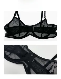 Détails du soutien-gorge en maille noire transparente avec bretelles réglables et texture fine
