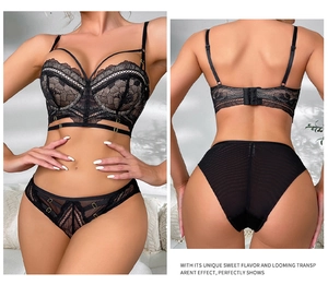 Détails d'un ensemble de lingerie en dentelle noire avec armatures et maille filet
