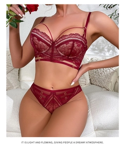 Vue détaillée du soutien-gorge en dentelle bordeaux avec demi-bonnets et texture florale