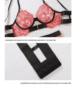 Detail of red floral eyelash lace bra with black satin straps and gold metal hardware