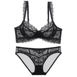 Elegant black eyelash lace lingerie set with floral mesh bra and matching panty